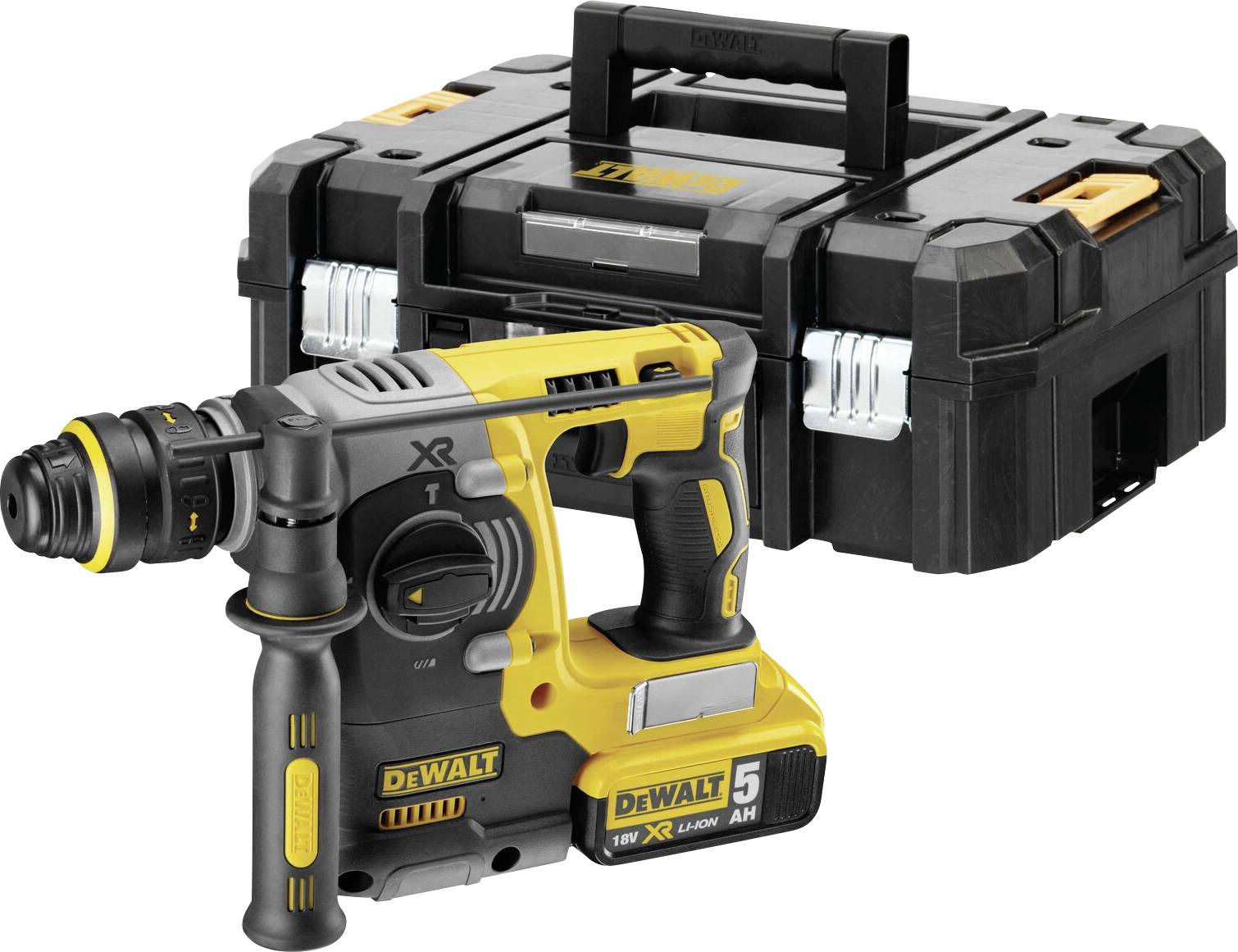 DeWalt batteridriven borrhammare med tillbehörsväska, gul-svart, utrustad med 5 Ah litiumjonbatteri, lämplig för bygg- och hantverksarbeten.