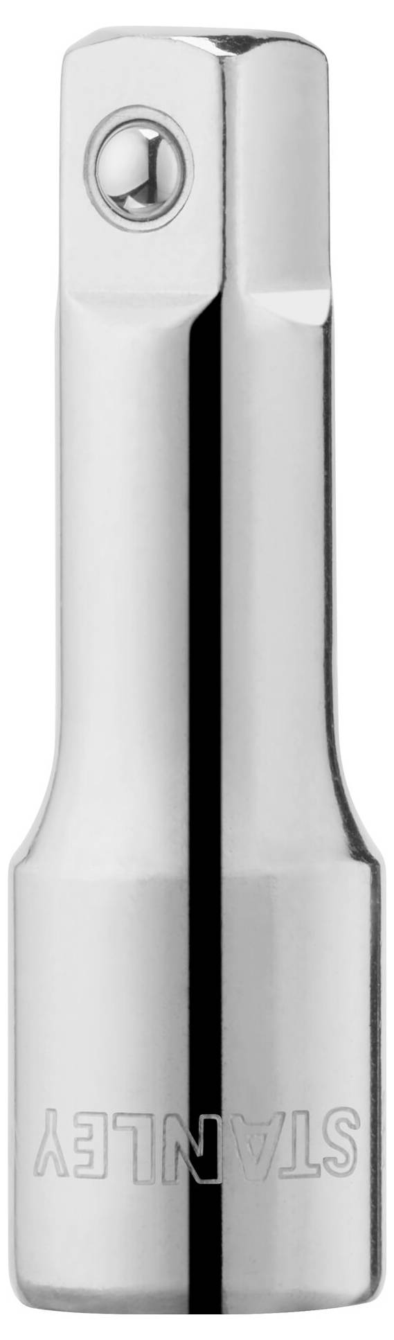 En silverfärgad metallverktygsadapter med cylindrisk form och kulled. Texten 'STANLEY' är ingraverad.