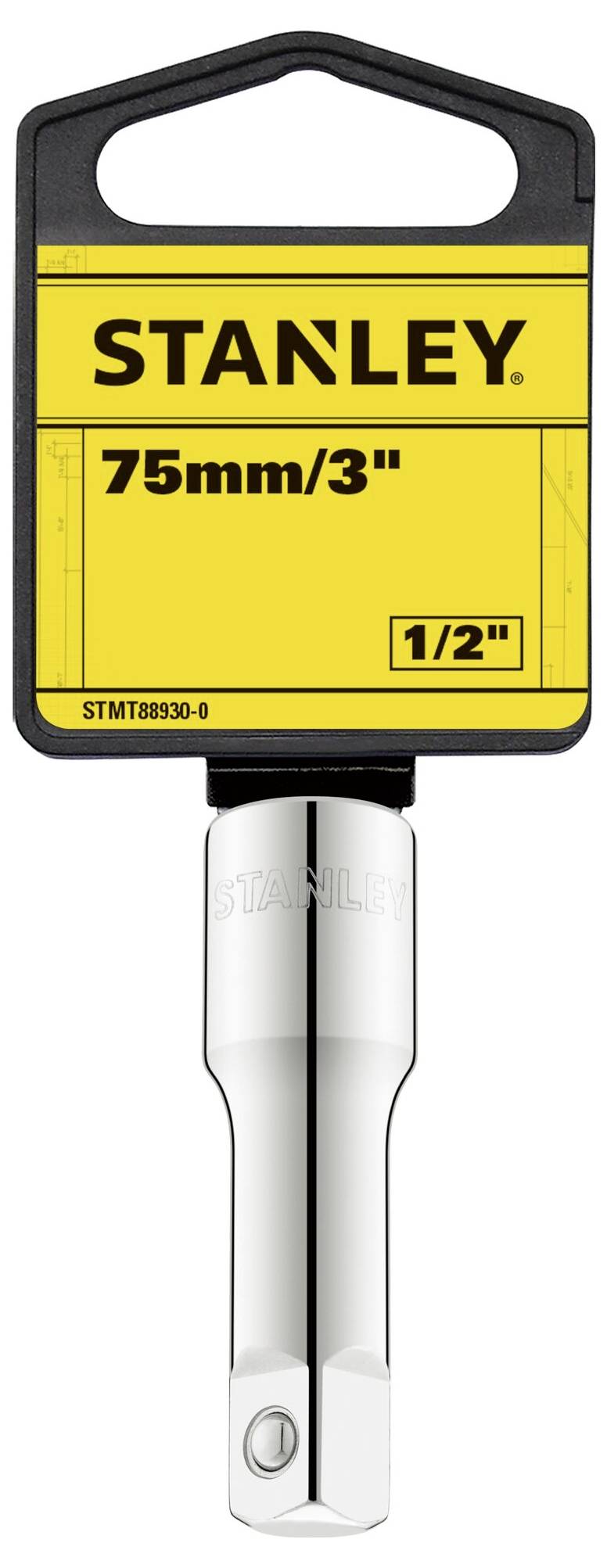 Ett verktygsanhål från Stanley, 75 mm/3 tum långt, 1/2 tums fäste. Designen är enkel med svarta och gula färger.