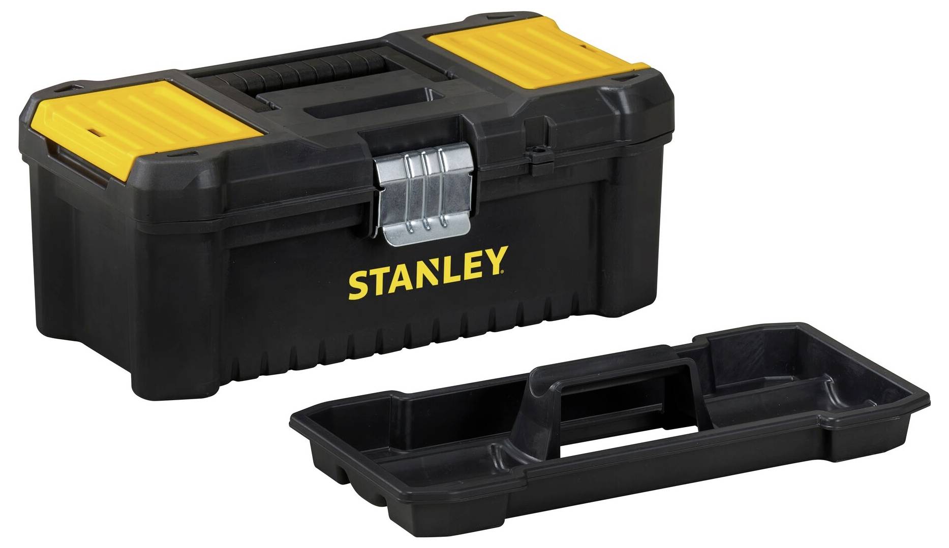 Svart verktygslåda med gult handtag och avtagbar insats. Text 'Stanley' i gult på framsidan.