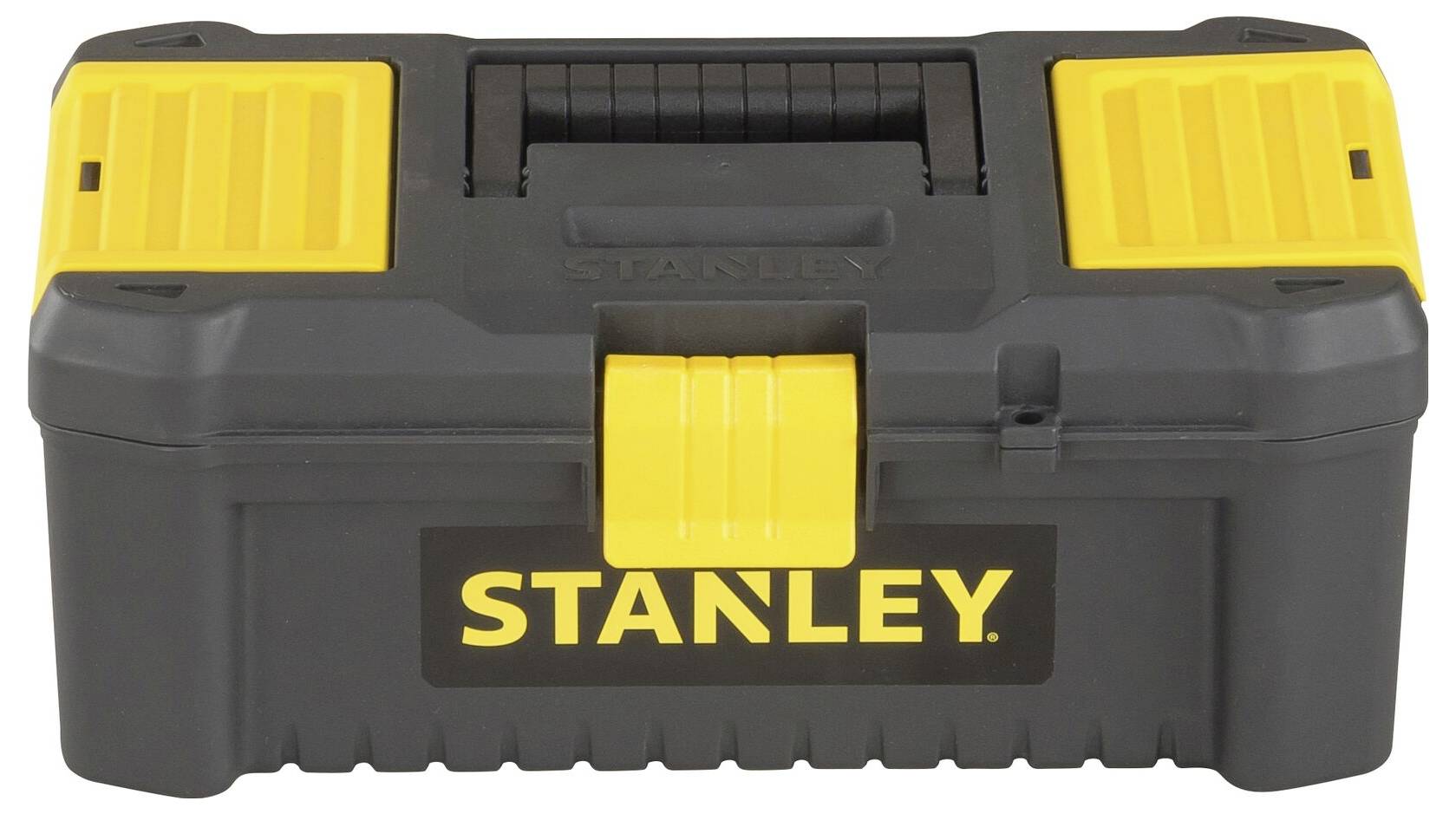 Svart verktygslåda med gula detaljer och 'STANLEY'-logotypen på framsidan. Lämplig för förvaring av verktyg.