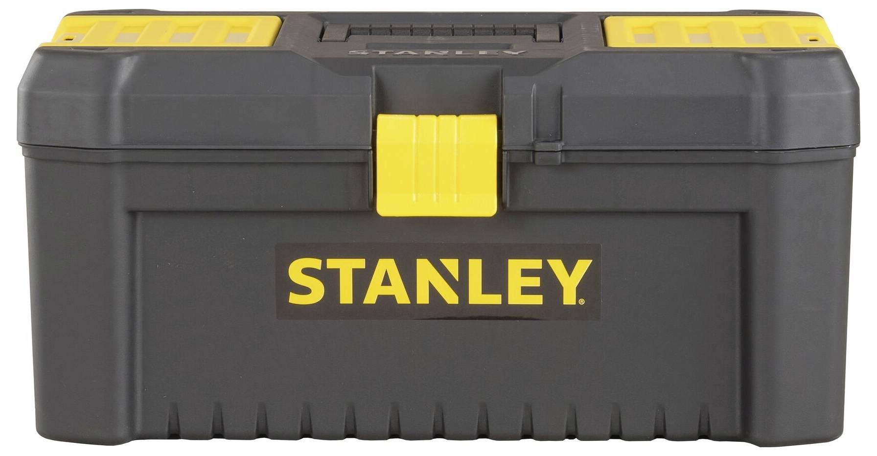 En svart verktygslåda med gult handtag och gul logotyp med texten 'Stanley'. Perfekt för förvaring av verktyg.