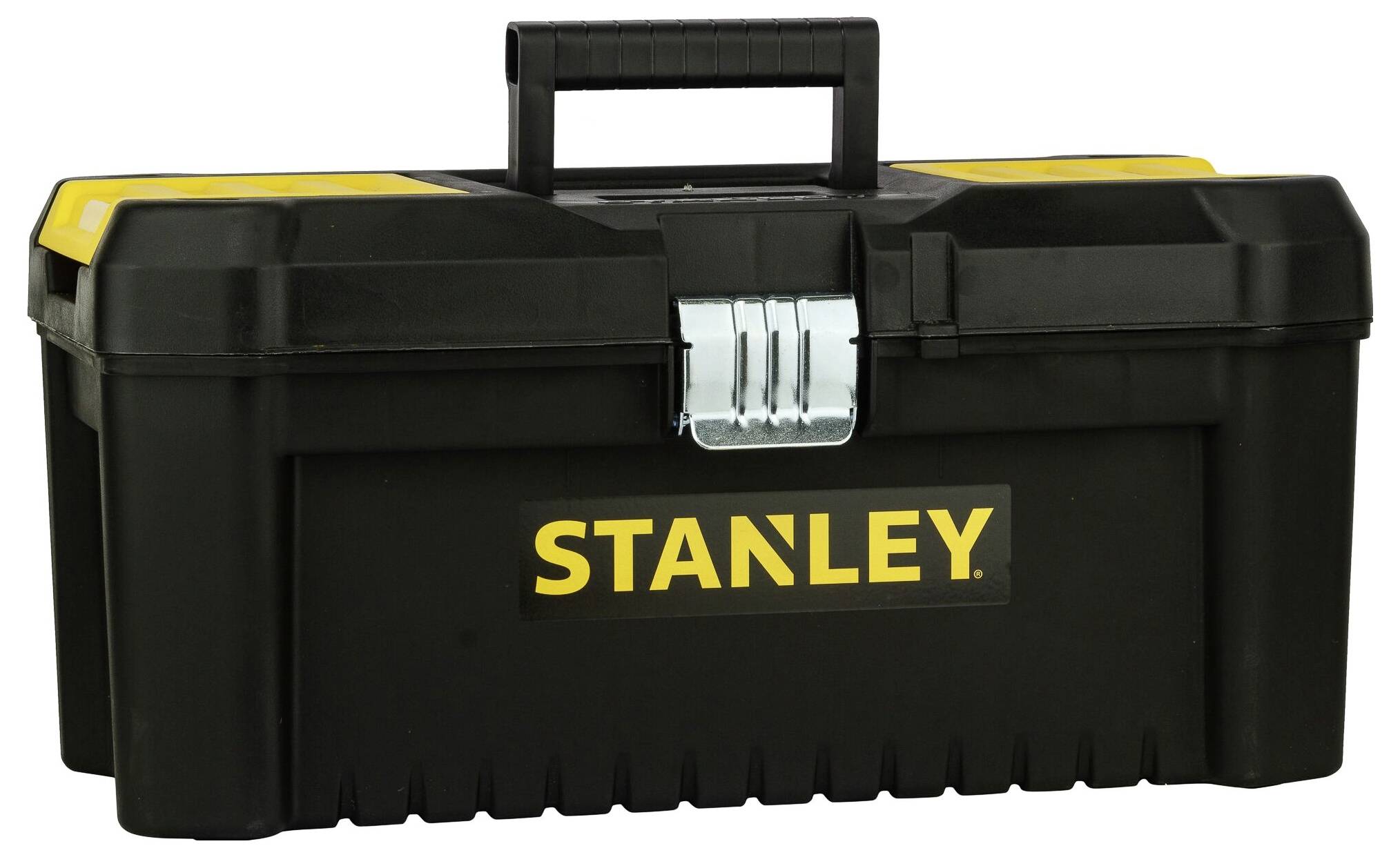 Svart verktygslåda med gult 'Stanley'-märke, robust handtag och metallås. Perfekt för förvaring av verktyg.