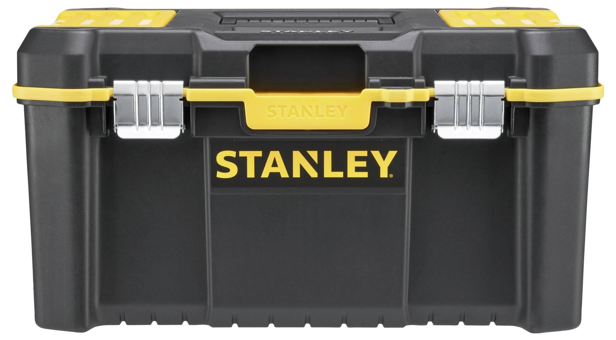 Svart verktygslåda med gula accenter och silverfärgade lås, märket "Stanley" synligt på framsidan.
