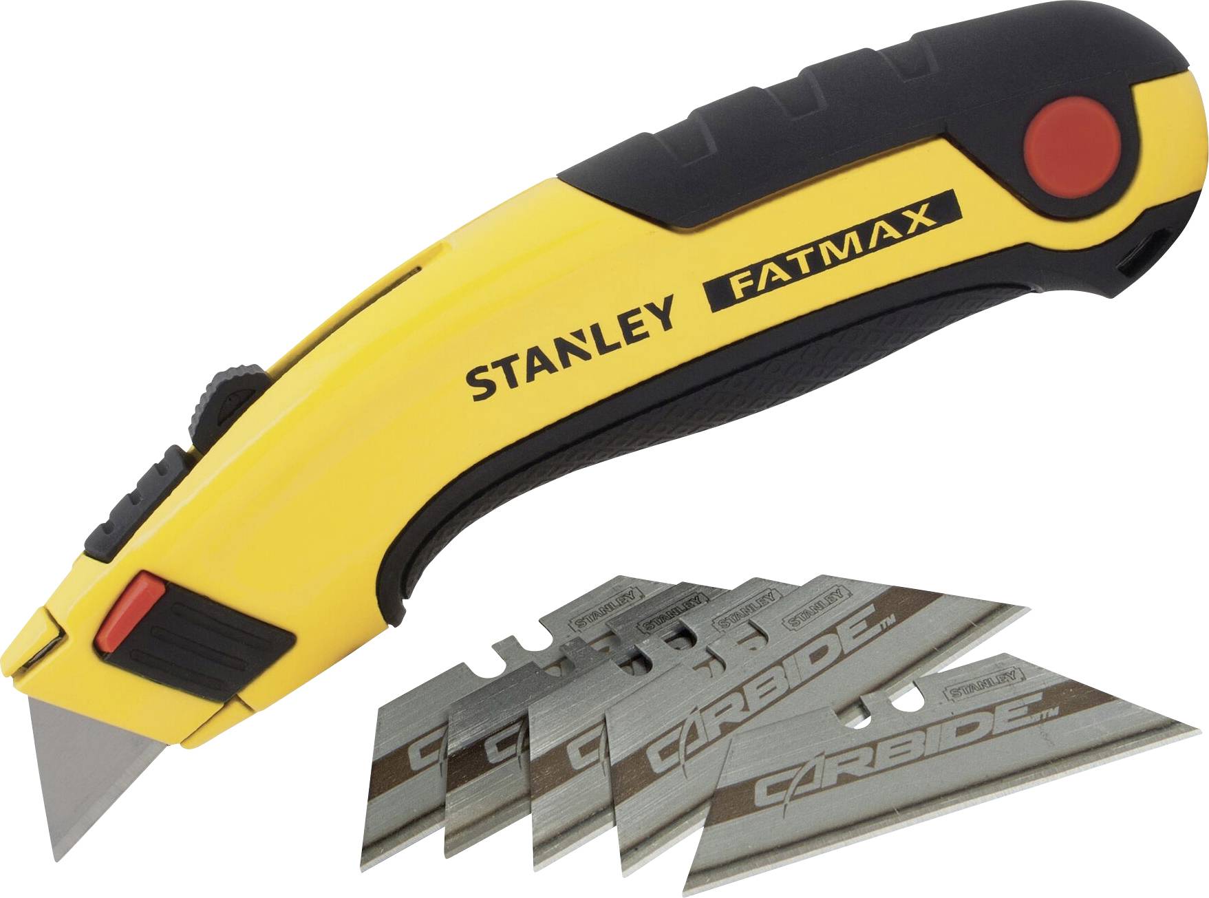 Ett gult Stanley FatMax-knivblad med svarta och röda detaljer ligger bredvid fem reservblad, på vilka det står 'Carbide'.