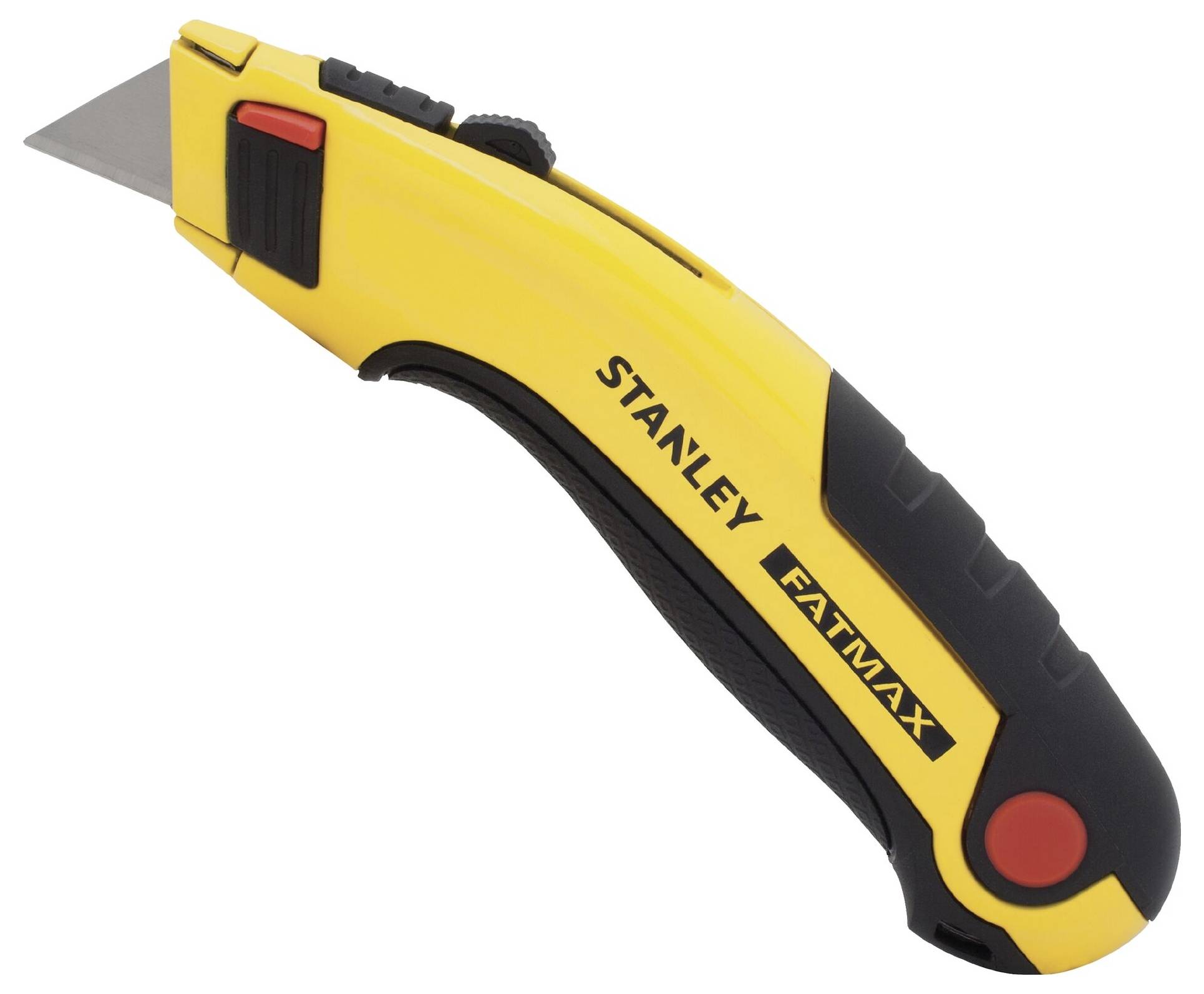Gult Stanley FatMax universalkniv med infällbart blad och ergonomiskt handtag. Lämplig för precisionsklippning.