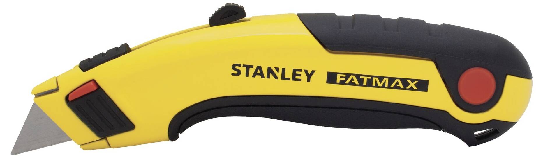 Ett gult Stanley FatMax universalkniv med svart handtag och röd knapp, lämplig för precisionskapning.