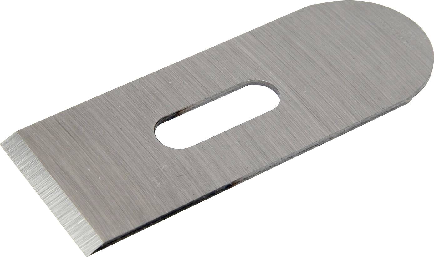 Metallklinga med rektangulärt hål och rundad spets, sannolikt en del av ett verktyg eller en apparat.