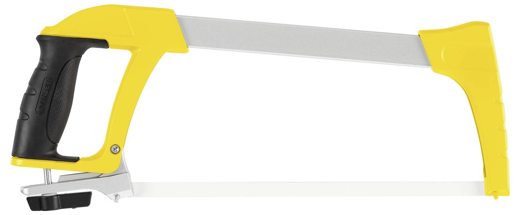 En bågfil med gul ram och svart handtag, lämplig för att skära metall eller plast.