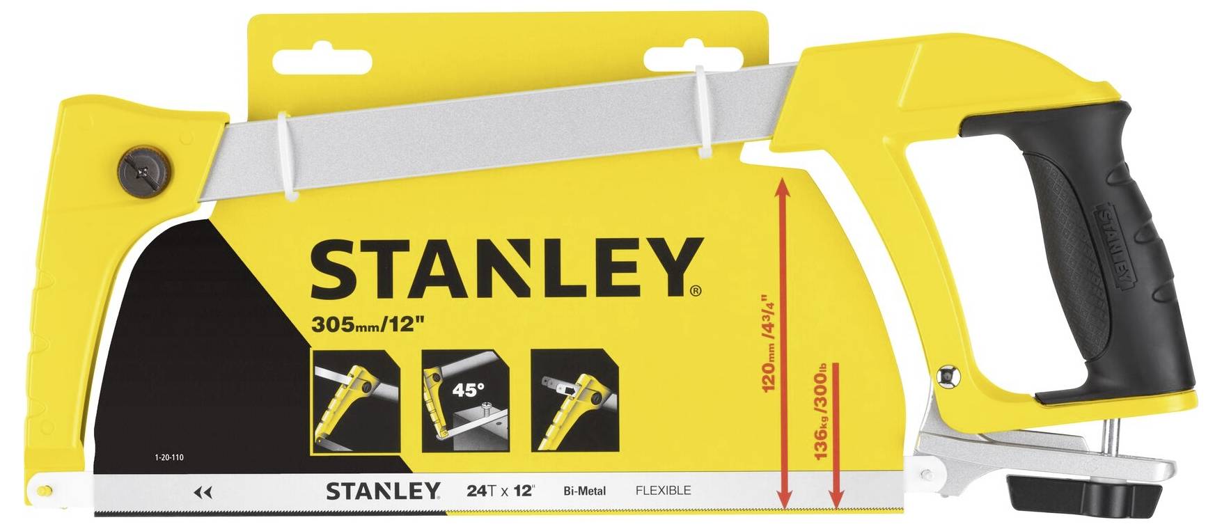 En gul handsåg med svart handtag och markering för sågvinkel. Märke 'Stanley', lämpad för flexibelt arbete och med 305 mm/12 tums klinglängd.