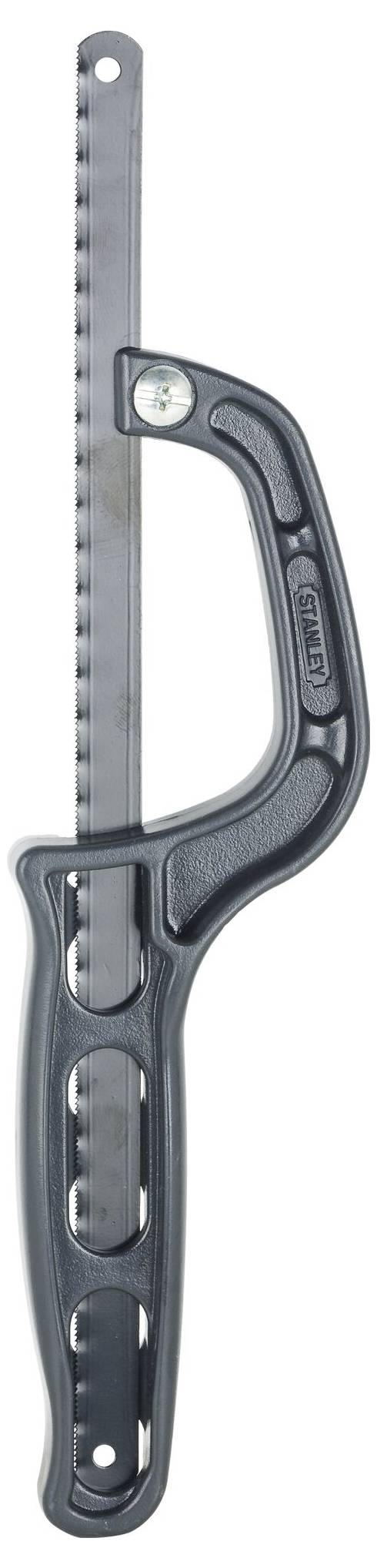 En svart metallsåg med ett ergonomiskt utformat handtag. Den har ett långt, tunt blad som är lämpligt för lätta sågningsarbeten.