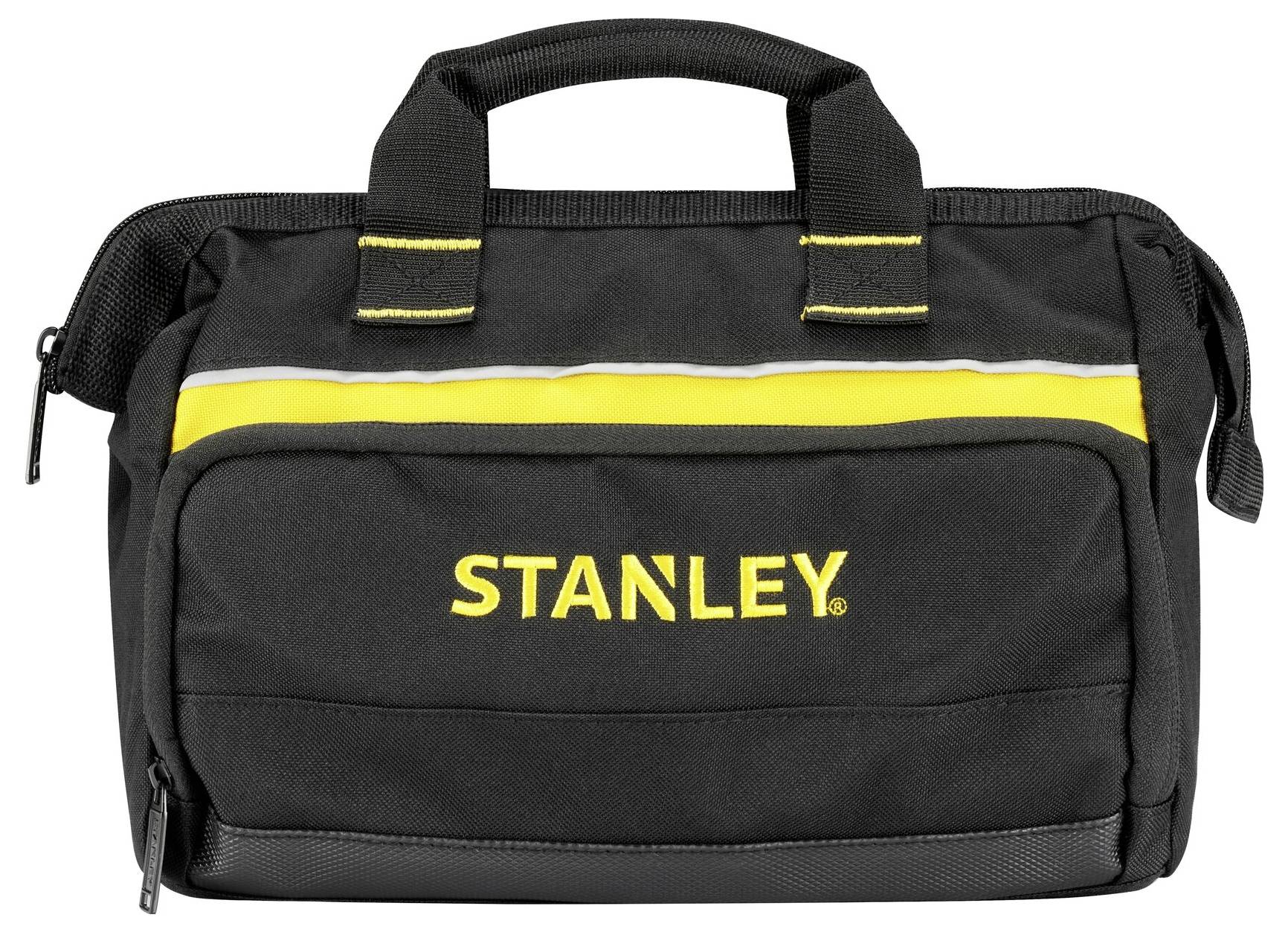 En svart verktygsväska med gul rand och 'STANLEY' tryckt framtill. Den har två handtag och en dragkedja.