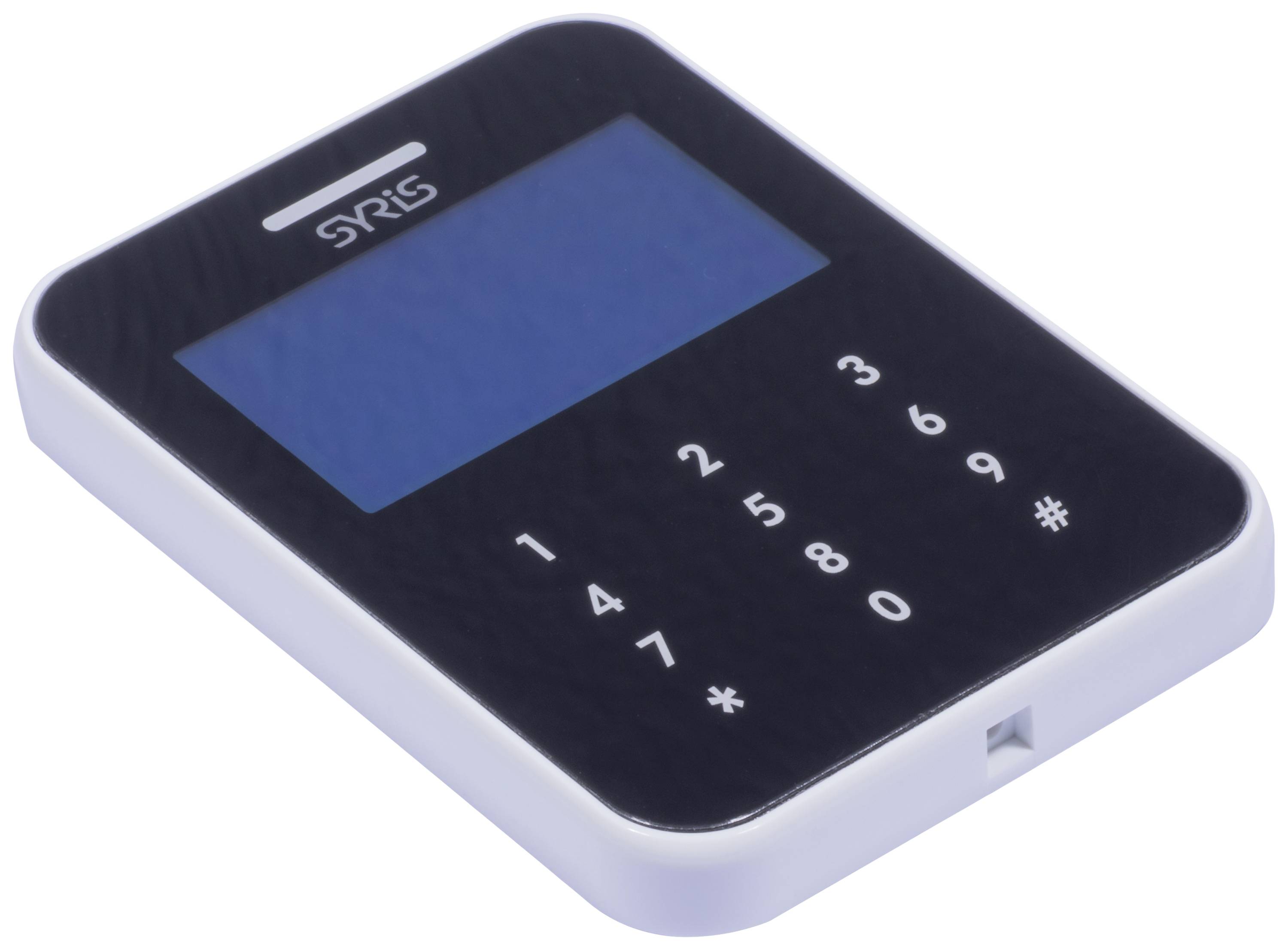 En svart miniräknare med blå digitalskärm, vita knappar och ett vitt hölje, märkt med 'SYRG' överst.
