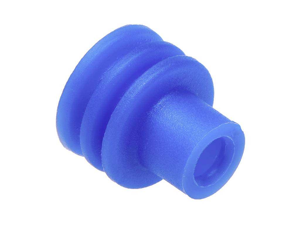 Blå plastplugg i cylindrisk form, med flera ringformade kanter.