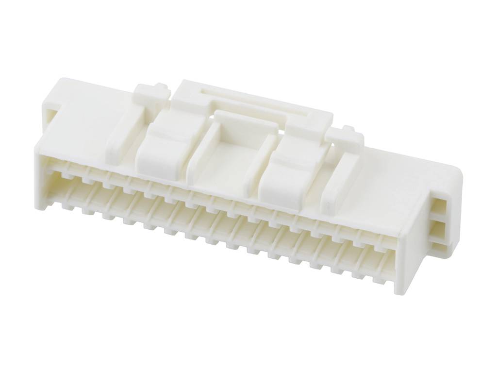 En vit plastpropp med flera parallella anslutningsplatser, lämplig för elektroniska kopplingar eller enhetsanslutningar.