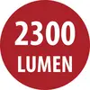 Röd cirkelformad etikett med vit text "2300 LUMEN".