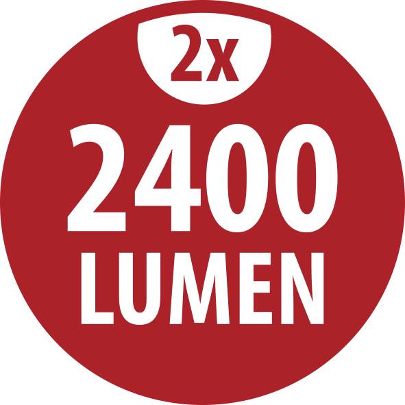 Rött cirkulärt etikett med vit text "2x 2400 LUMEN".