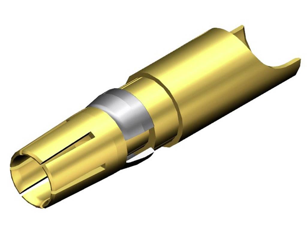 En metallisk kontakt med en guldfargad, cylindrisk design, möjligen avsedd för elektroniska anslutningar.