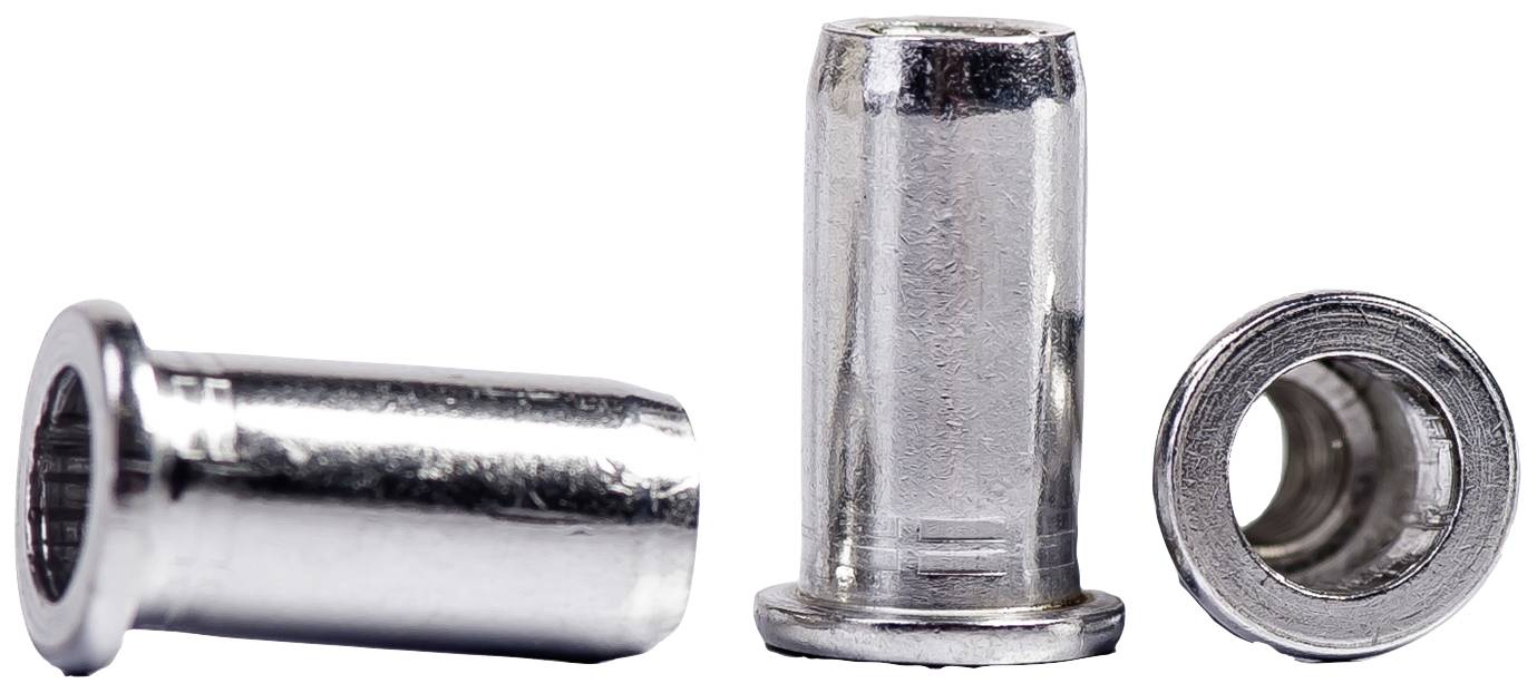 Tre silvergrå, cylindriska metallnitar i olika positioner, som visar fram-, sido- och invändig vy av deras struktur.