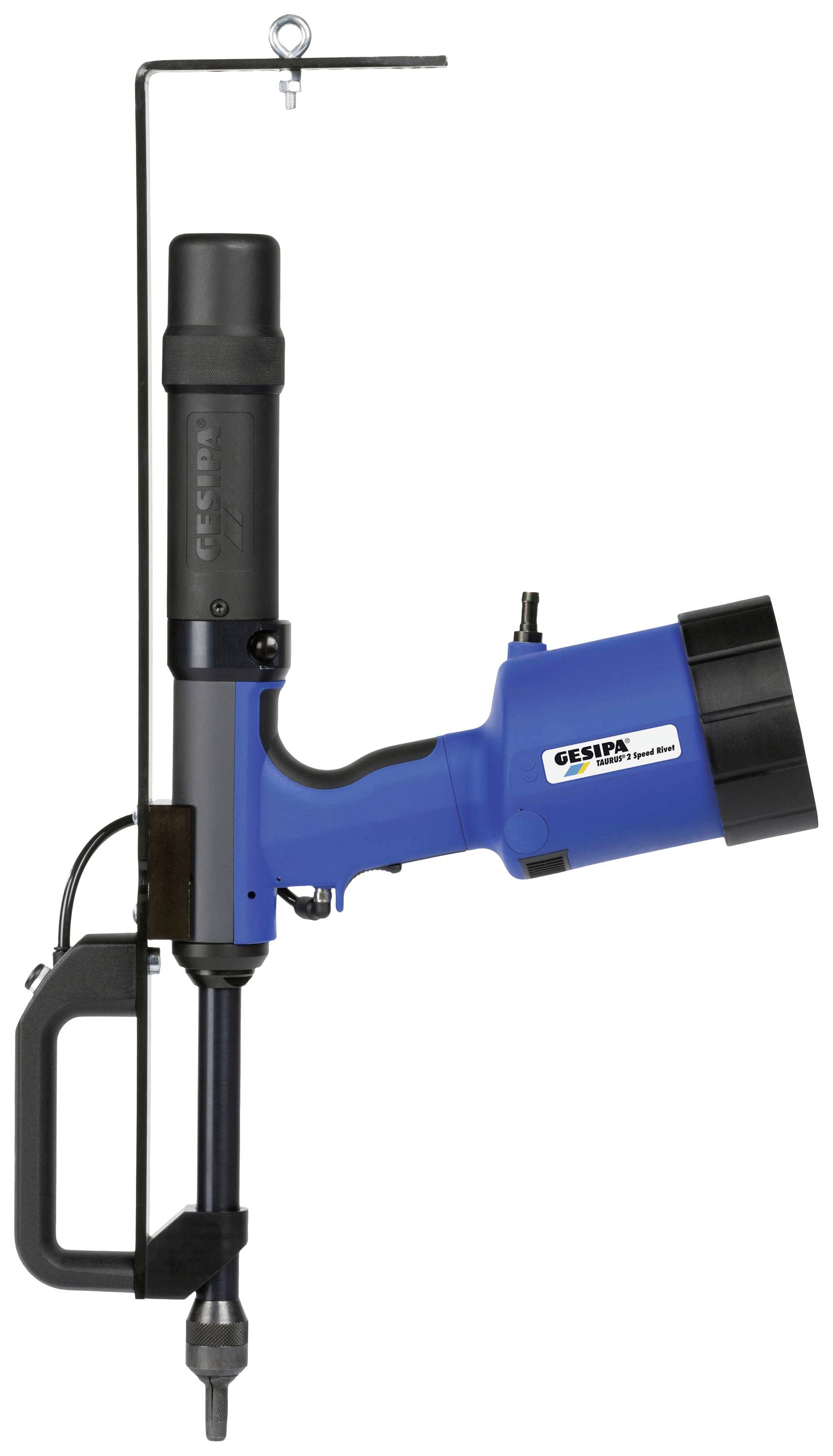 Popnitverktyg, blått och svart, med ergonomiskt handtag, för enkel montering av blindmuttrar. Gesipa-logotyp synlig.