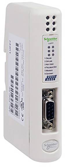 Vitt Schneider Electric-enheter med anslutningar och lampor, sannolikt en kommunikationsmodul eller konverter.