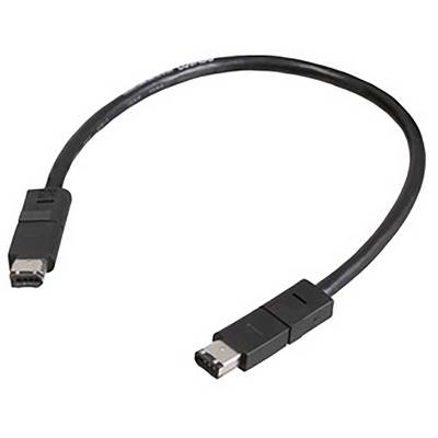 En svart FireWire-400-kabel med rektangulära kontakter i båda ändar, använd för dataöverföring mellan enheter.