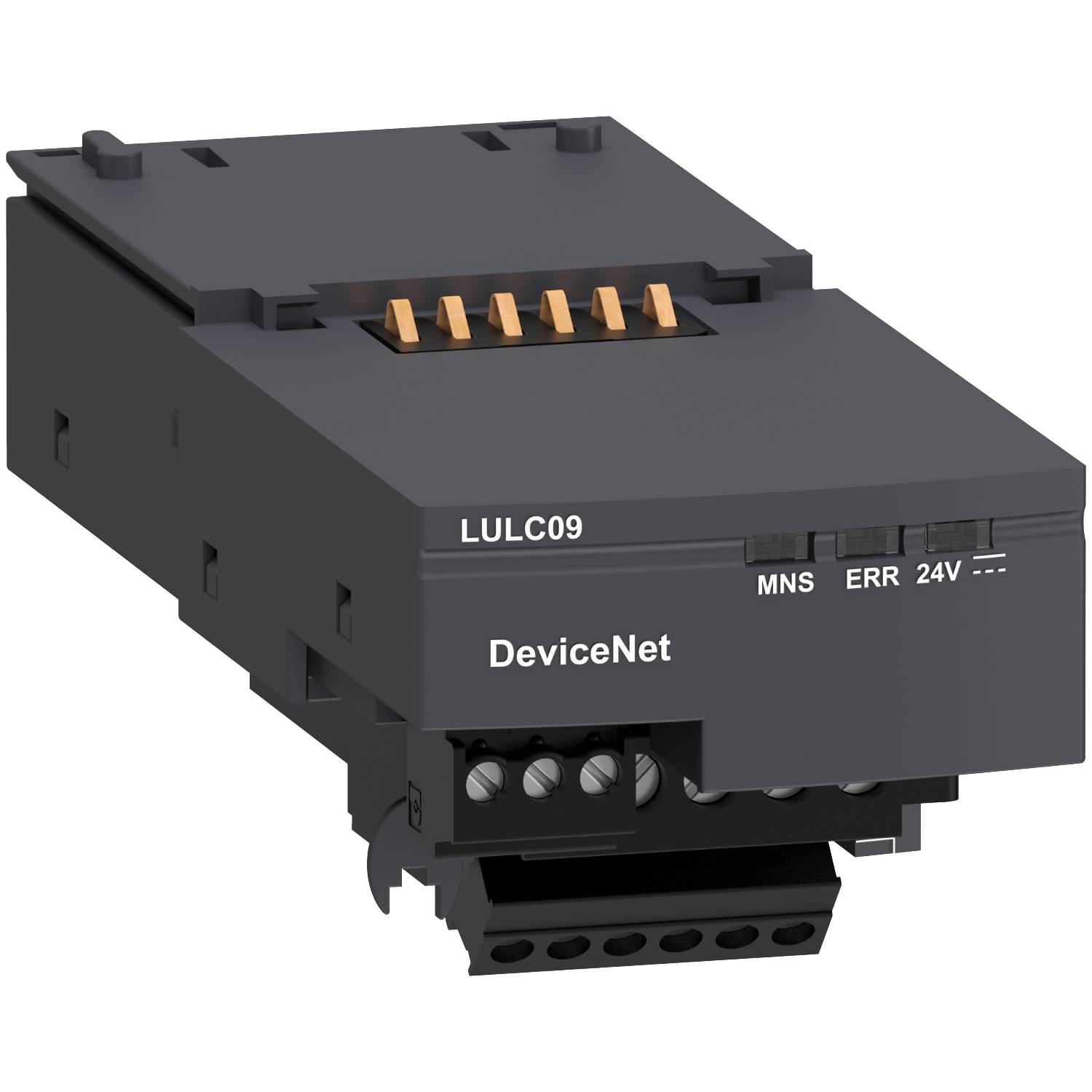DeviceNet-modul med flera anslutningar och LED-indikatorer för MNS, ERR och 24V.