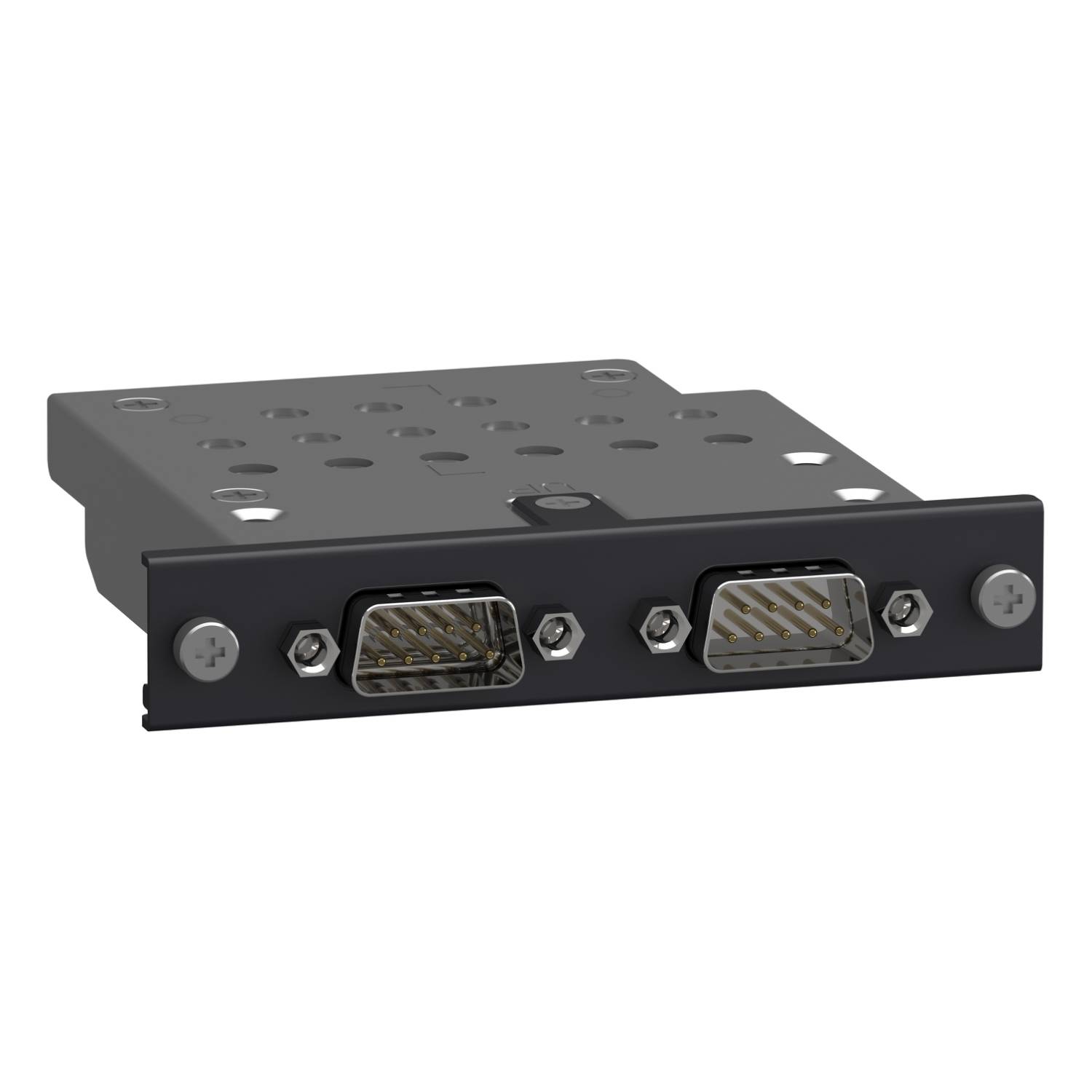 En svart, rektangulär metallplatta med två rader av rektangulära kontakter som är symmetriskt placerade på den.