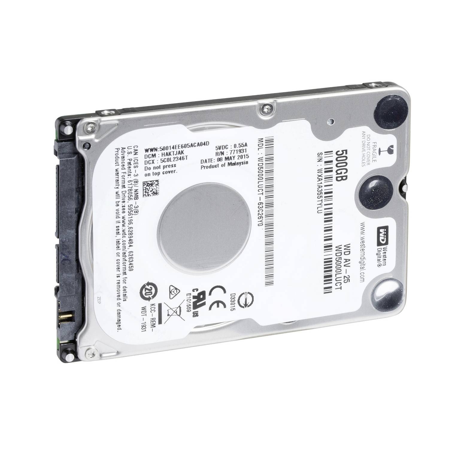 Hårddisk med en kapacitet på 500 GB. Etikett och tekniska detaljer synliga på ovansidan.