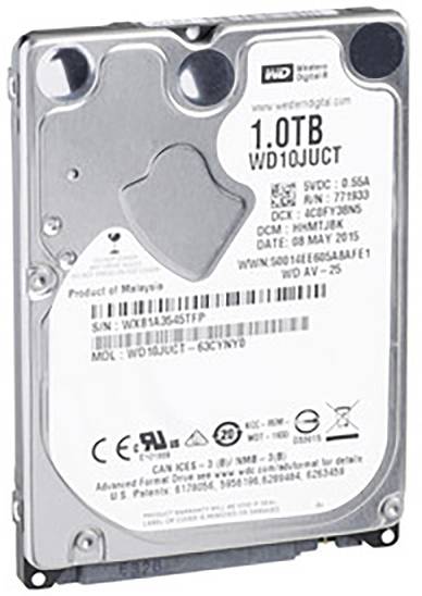 En intern hårddisk med en kapacitet på 1 Terabyte från Western Digital. Modellnummer 'WD10JUCT'.
