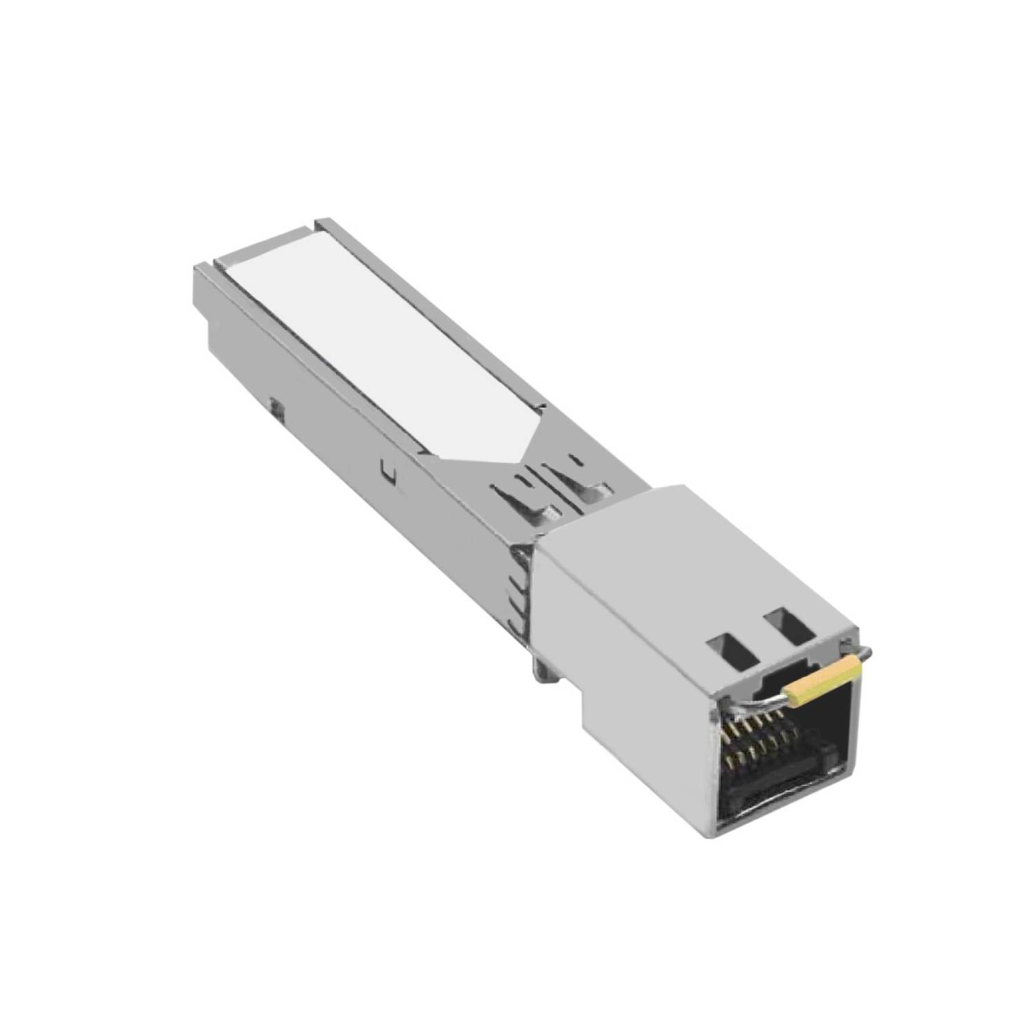 En SFP-transceiver för nätverk, rektangulär form, silverfärgad, med en RJ-45-anslutning på ena änden.