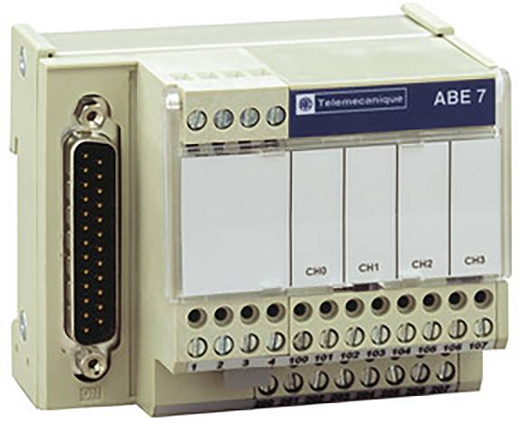 Ett beige elektriskt modul med flera anslutningspunkter och beteckningen 'Telemecanique ABE 7'.