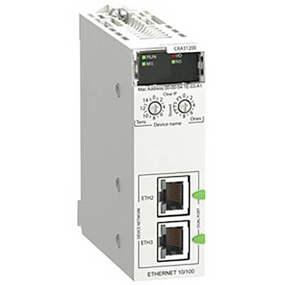 Modul med nätverksanslutningar, LED-indikatorer för status. Märkning ovanpå 'CRA31200', Ethernet-anslutningar nedtill. Lämplig för industriella tillämpningar.