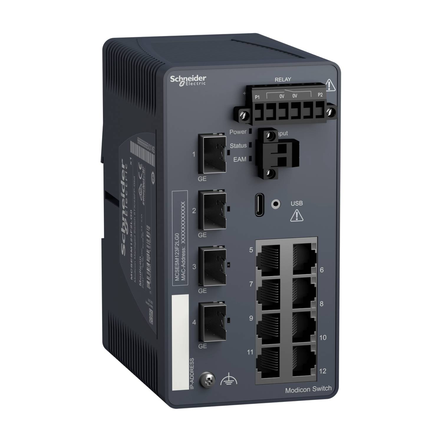 Industriell nätverksswitch med flera Ethernet-portar, statusindikationer och USB-anslutning. Varumärkets logotyp längst upp till vänster på enheten.