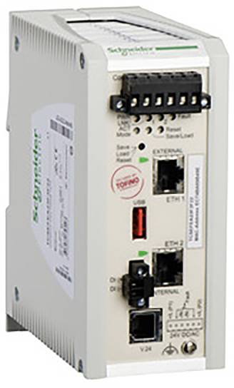 Industriell nätdel med flera anslutningar: strömuttag, USB och Ethernet. Lämplig för styrning och kommunikation i kopplingsskåp.