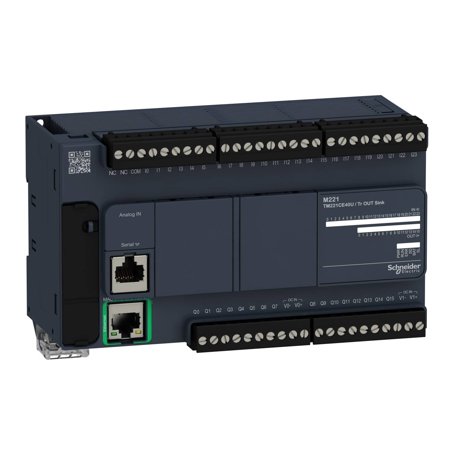 Programmerbar styrenhet (PLS) från Schneider Electric, modell M221 med Ethernet- och expansionsanslutningar, lämplig för industriell automation.