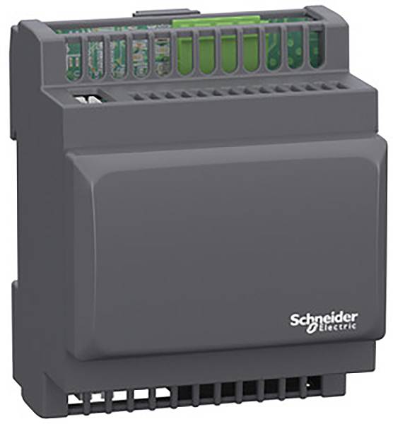 Grå elektrisk apparat med logotyp 'Schneider Electric', använd för styrning av industriella processer och automatiseringar.