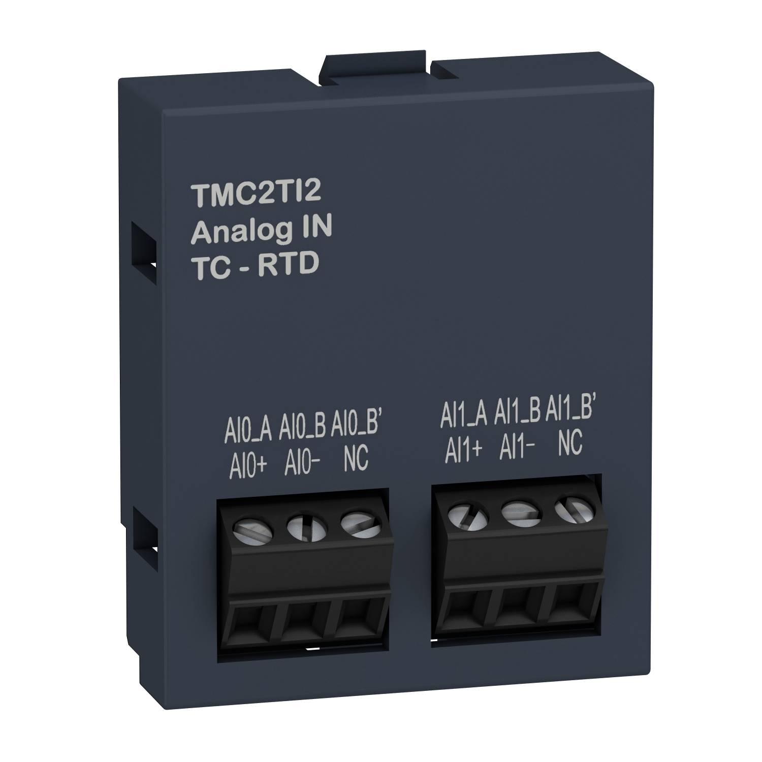 Elektroniskt modul märkt 'TMC2TI2 Analog IN TC - RTD', visar anslutningar för analoga ingångar, exempelvis AI0+, AI0-, AI1+.