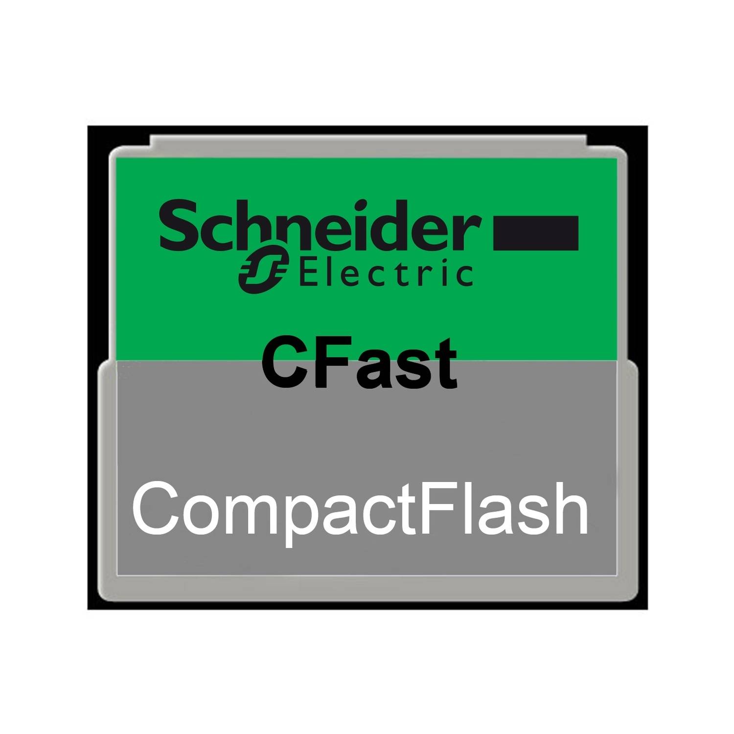 Minneskort av typen CompactFlash från Schneider Electric med grönt och grått märke.