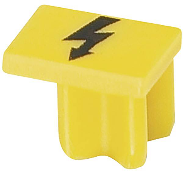 Gul LEGO-bit med svart blixtsymbol, sannolikt en komponent från en LEGO-uppsättning, symboliserar elektrisk ström eller energi.