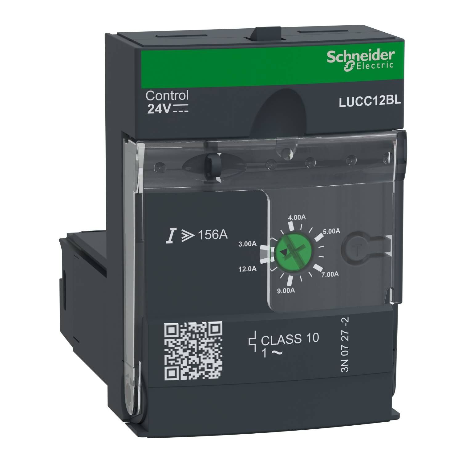 En elektrisk kopplingsanordning från Schneider Electric, modell LUCC12BL, visar en inställningsratt för strömstyrka upp till 9 ampere.