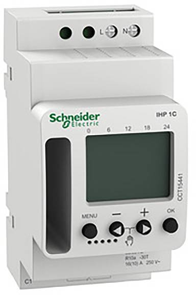 En digital tidrelämodul från Schneider Electric med display och manöverknappar. Den är lämplig för styrning av elektriska enheter.