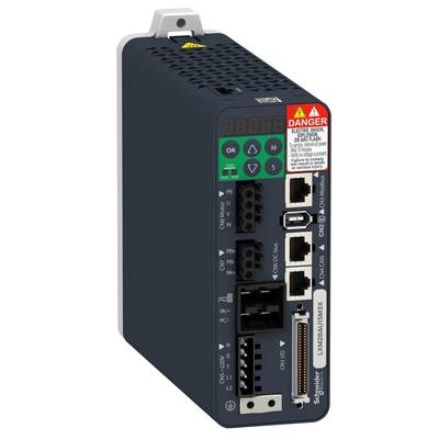 Industriell utrustning från Schneider Electric med olika anslutningar och varningsmeddelanden på framsidan.