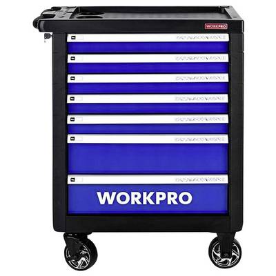 Svart verktygsvagn med sju blå lådor, rullbar på fyra hjul, med påskriften 'WORKPRO'.