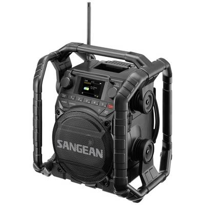Svart portabel radio med VHF/MW-bandskalor och stor högtalare på framsidan. Robust skyddsram och antenn överst.
