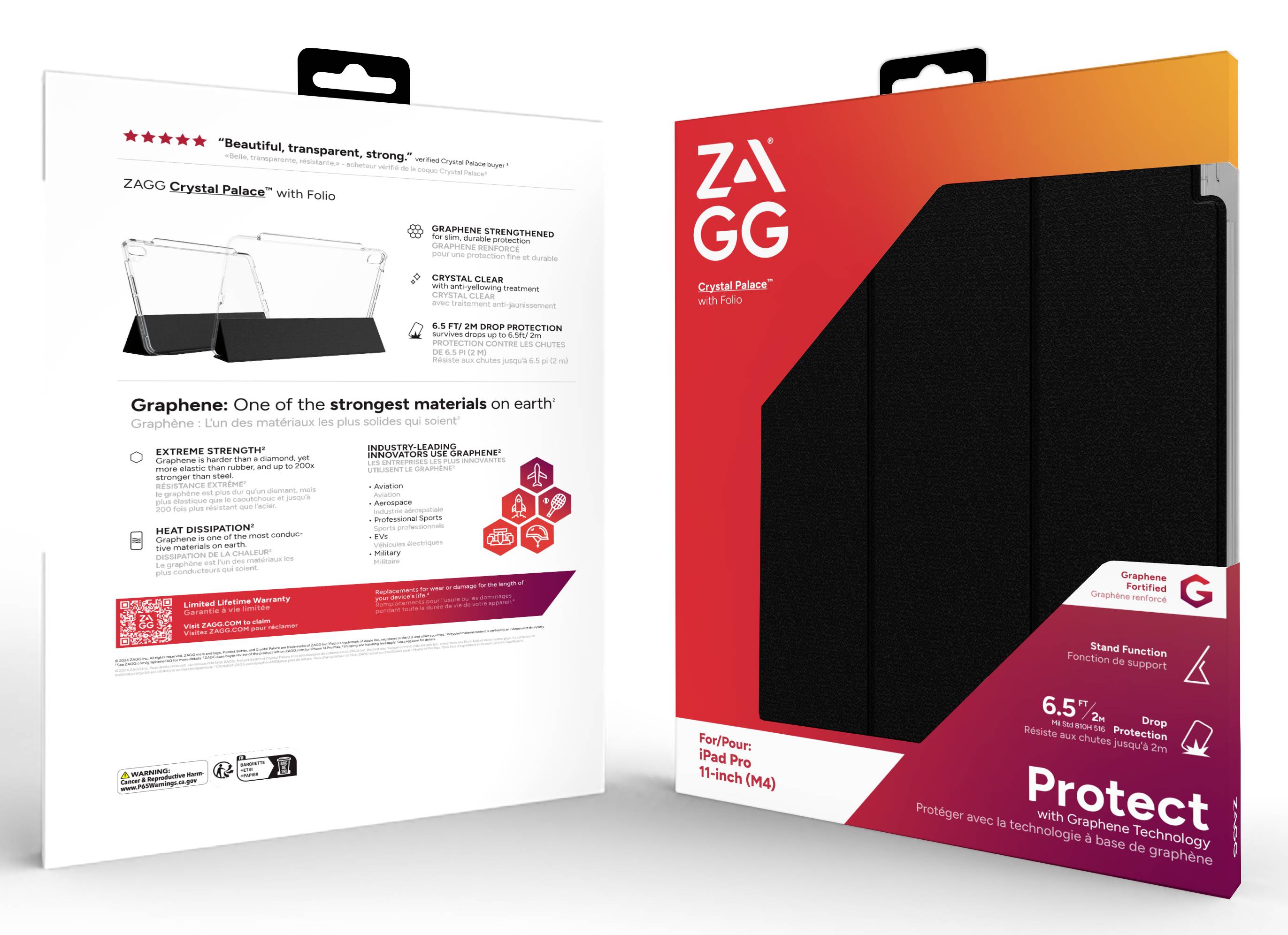 'ZAGG Crystal Palace' tabletfodral Förpackning. Visar produktegenskaper: Grafen, stötdämpning, passar för iPad Pro 11 tum.