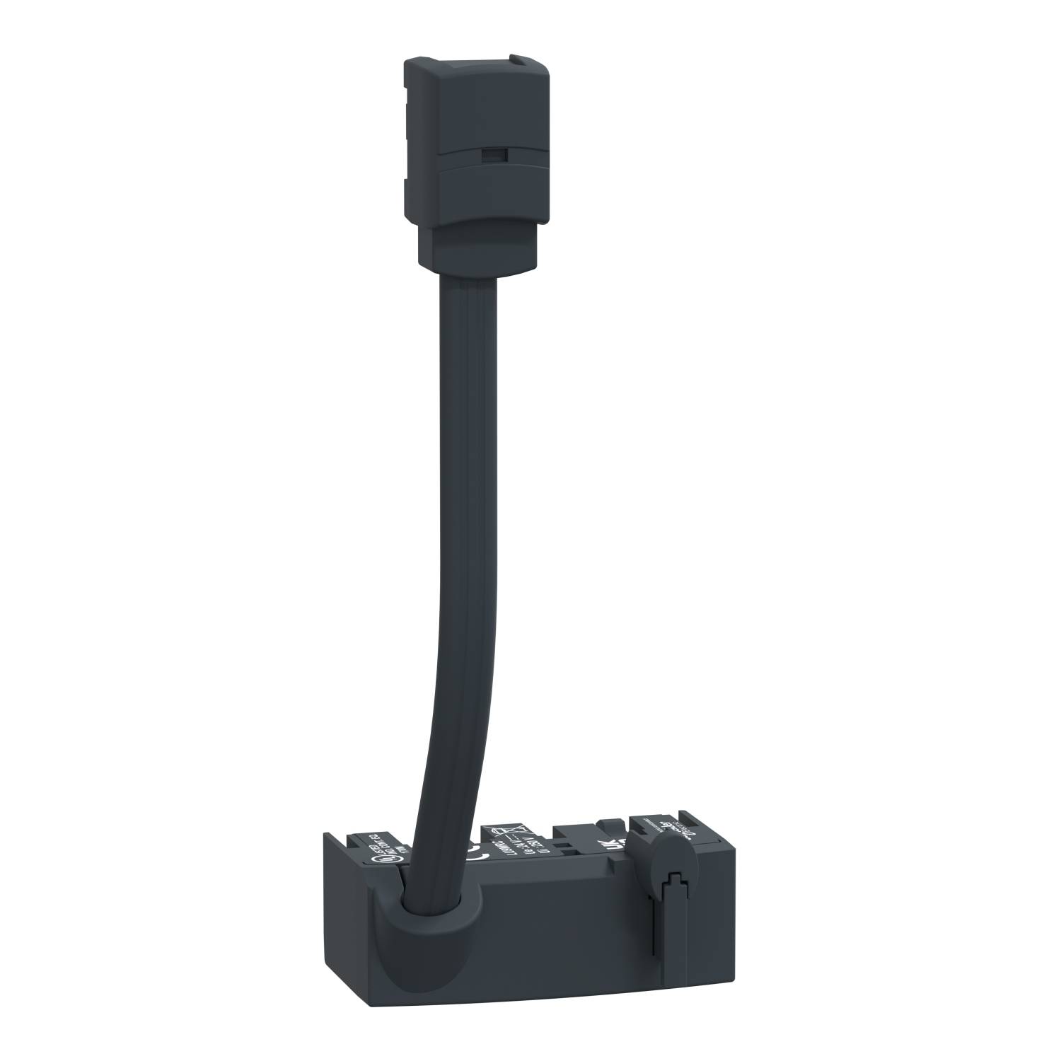 Elektrisk komponent med flexibel svart kabel, fäst vid en anslutningslist, i en modern, industriell miljö.