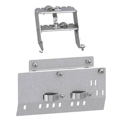 Metallmontagefäste för montering av enheter på väggar. Består av fästen, skruvar och klämma.