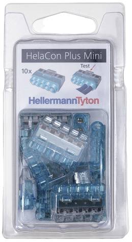 Förpackning för ett HelaCon Plus Mini Set från HellermannTyton. Innehåller 10 förbindelseklämmor. Bild visar produktanvändning.