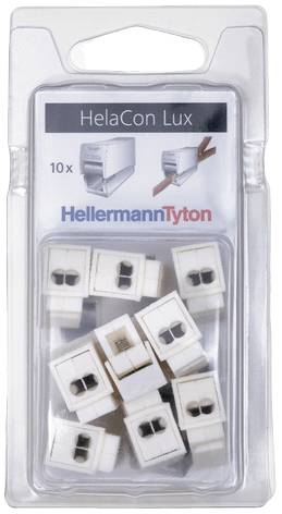Förpackning med tio vita Helacon Lux kabelkontakter från HellermannTyton, avbildad med ett diagram som visar användningen.